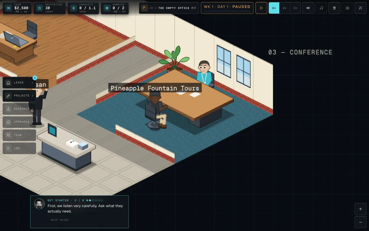 The isometric conference room with the founder and a client from Pineapple Fountain Tours seated across the table.