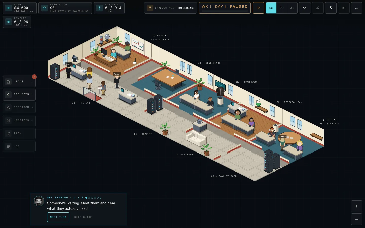 A full Charleston AI office in isometric view: the lab, conference room, team room, research bay, lounge and compute room, with staff at their desks.