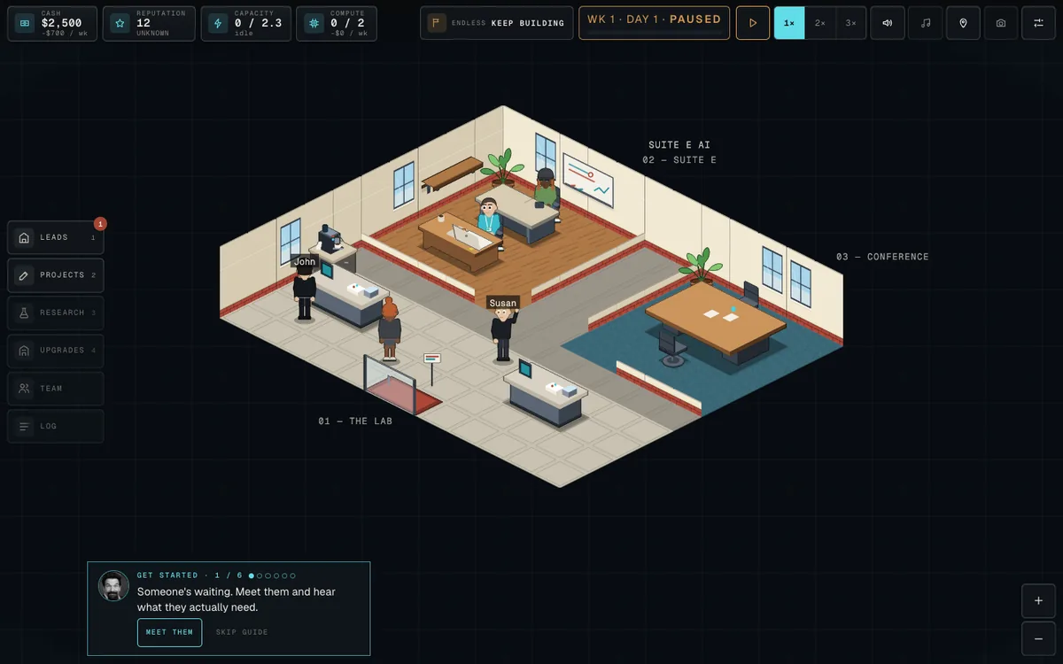 A small starting office in isometric view with cutaway interior walls, showing the lab and the founder's desk.