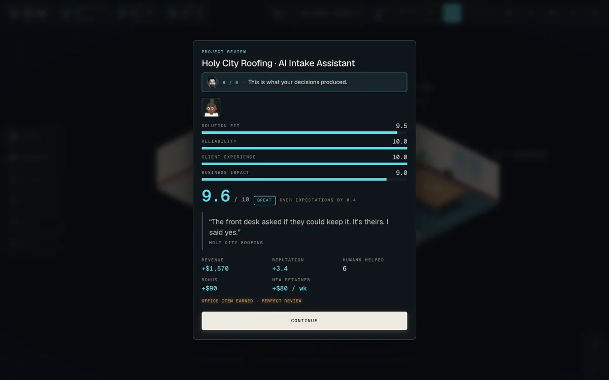 A project review scoring solution fit, reliability, client experience and business impact, with revenue, reputation and a new retainer.